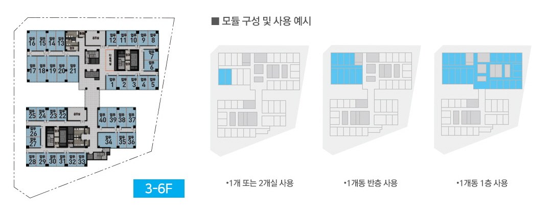 오피스 모듈 구성 예시 — 1개실 또는 2개실 · 1개동 반층 · 1개동 1층